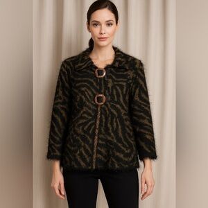 Emma G XL Black & Gold Fuzzy Jacket Textured Shaggy Knit,Wood Buckle